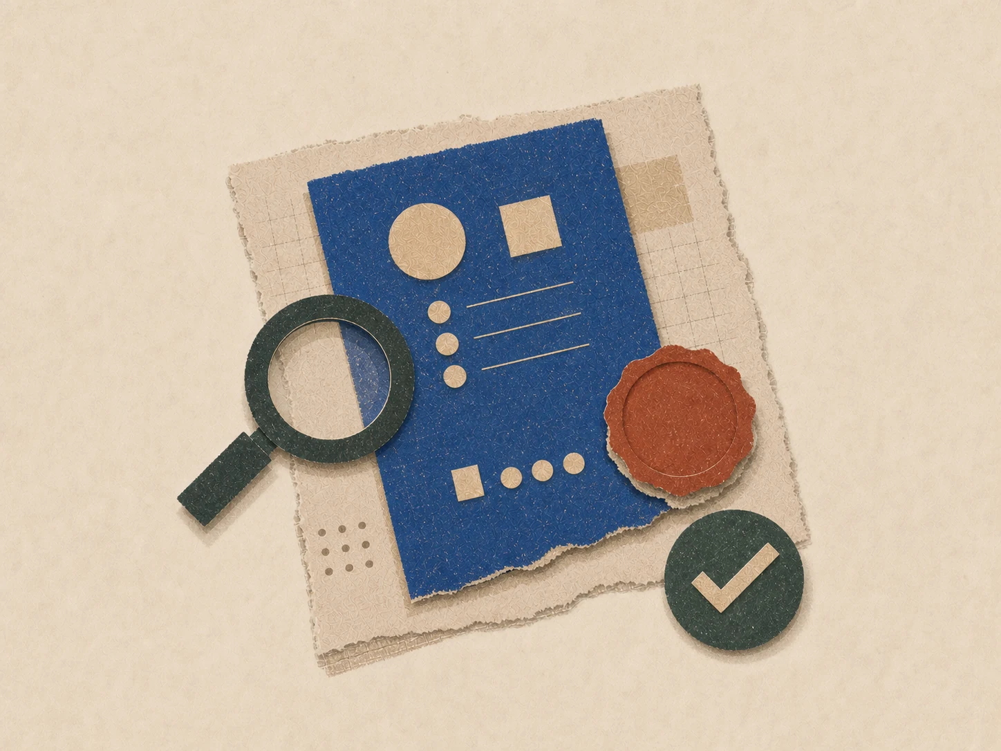 Paper icon of an evidence sheet, magnifying lens, decision seal and result token