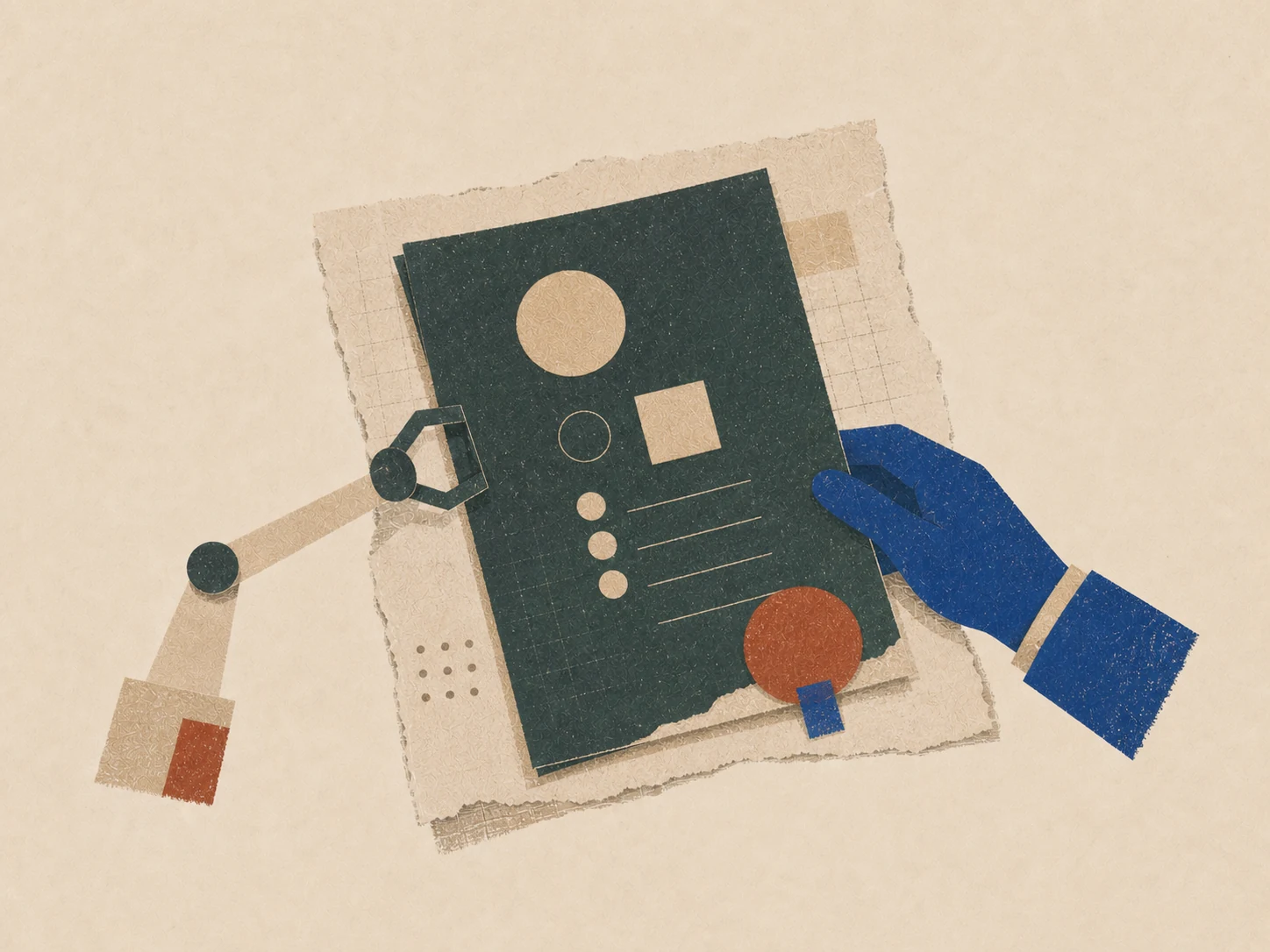 Paper icon of a blue human hand and a robot arm completing one green AI work artifact