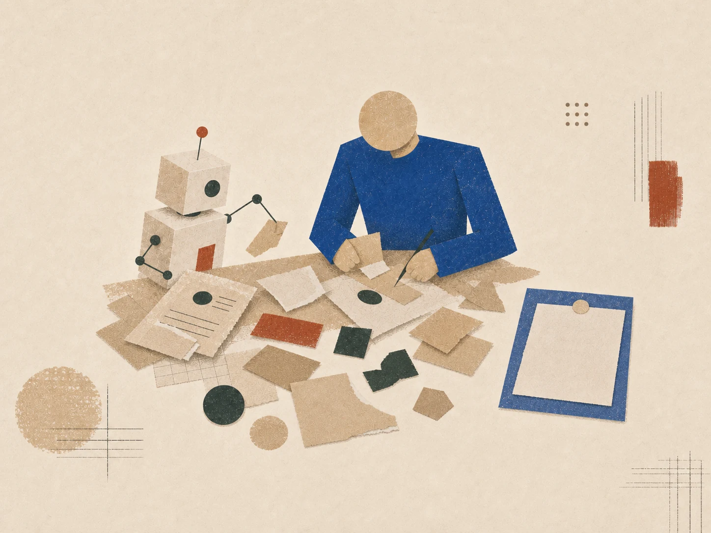 Paper illustration of AI activity producing many scraps while the evidence frame remains empty
