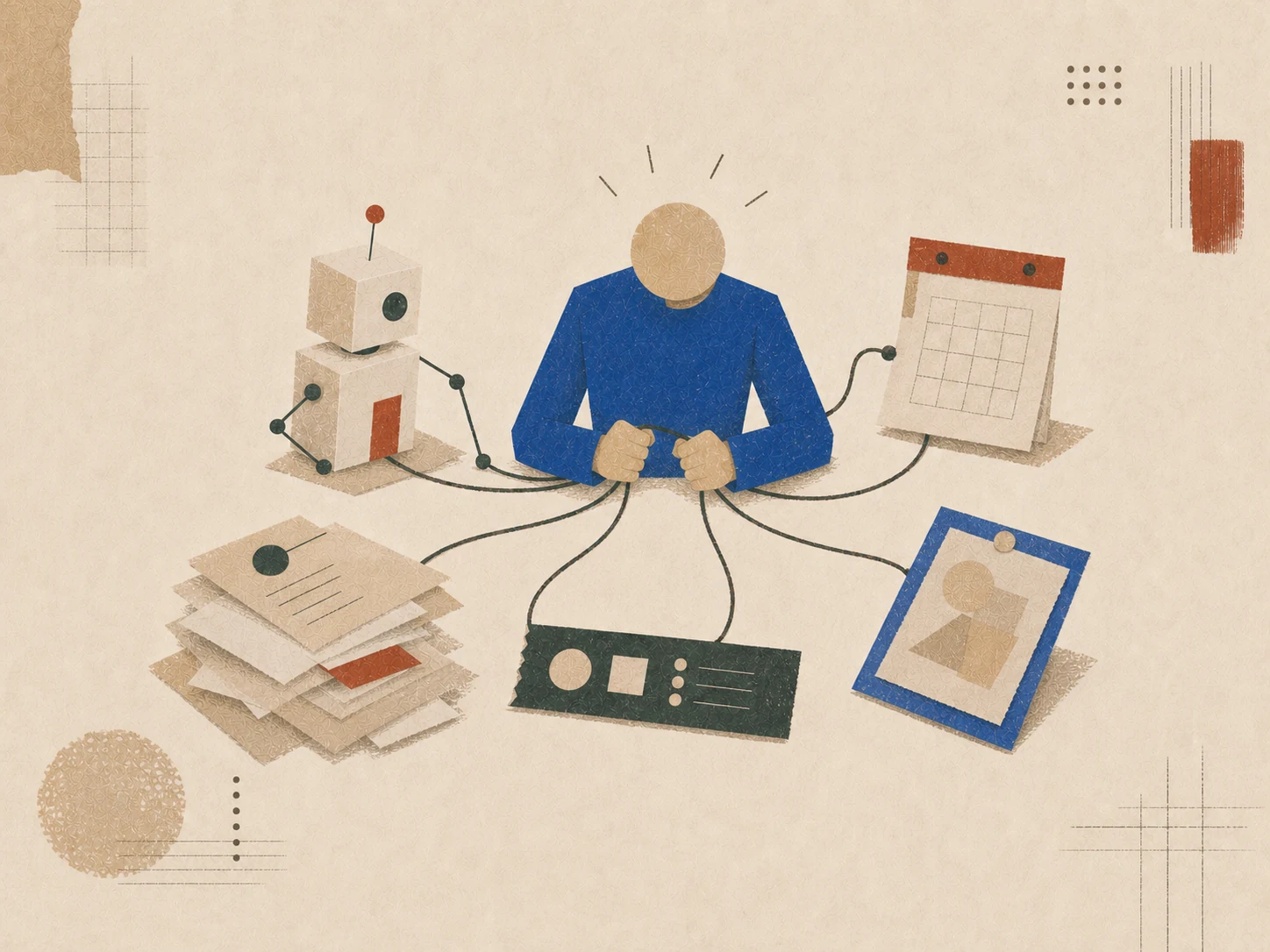 Paper illustration of one person holding together every part of an AI process
