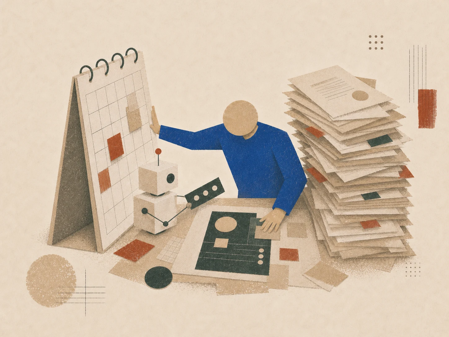 Paper illustration of a team member and robot squeezed between a calendar and a stack of daily work